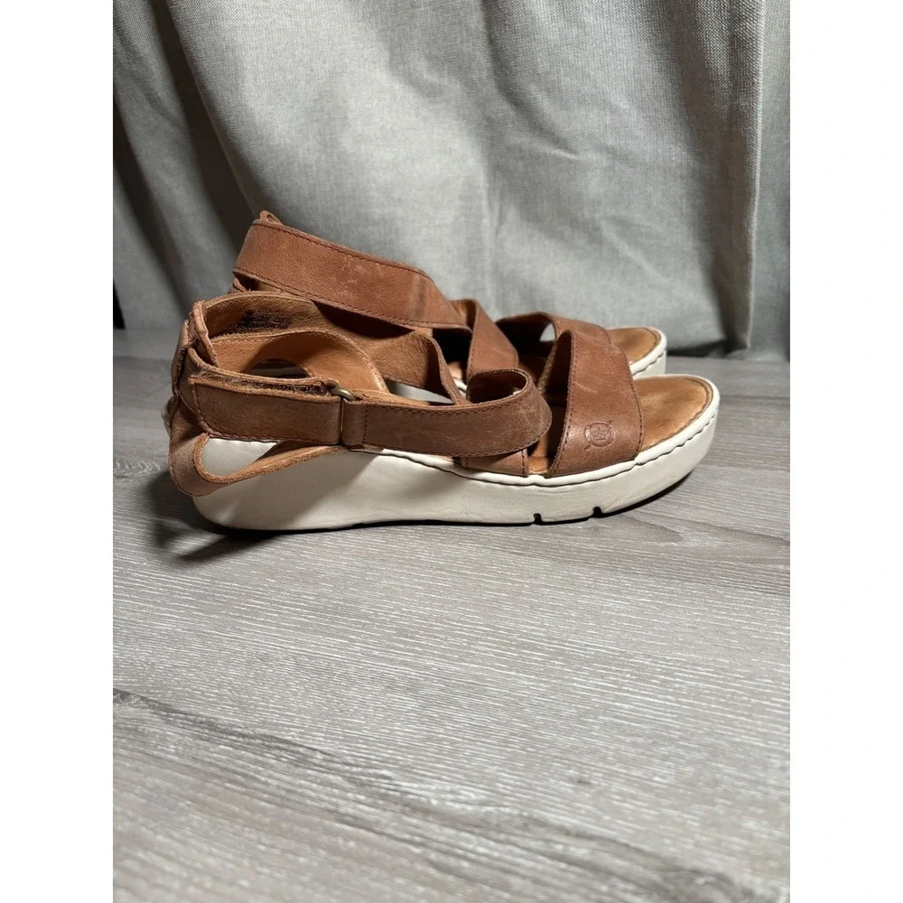Born Womens 9 M Tan Brown Leather Cross Strap Wedge Sandals Boho Beach Festival
